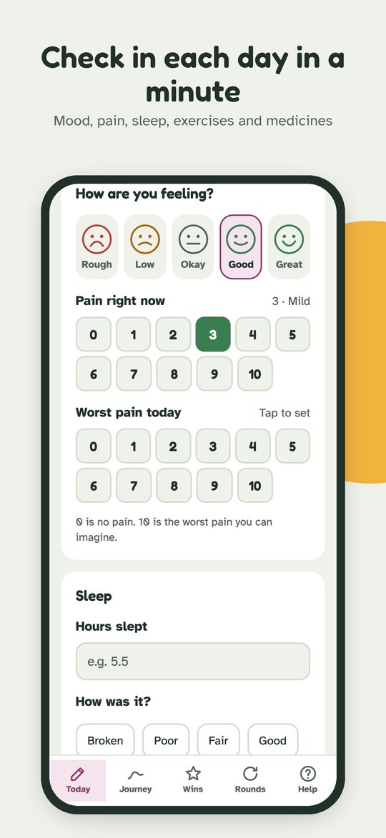 Check in each day in a minute: mood faces and a 0 to 10 pain scale with 3 selected.