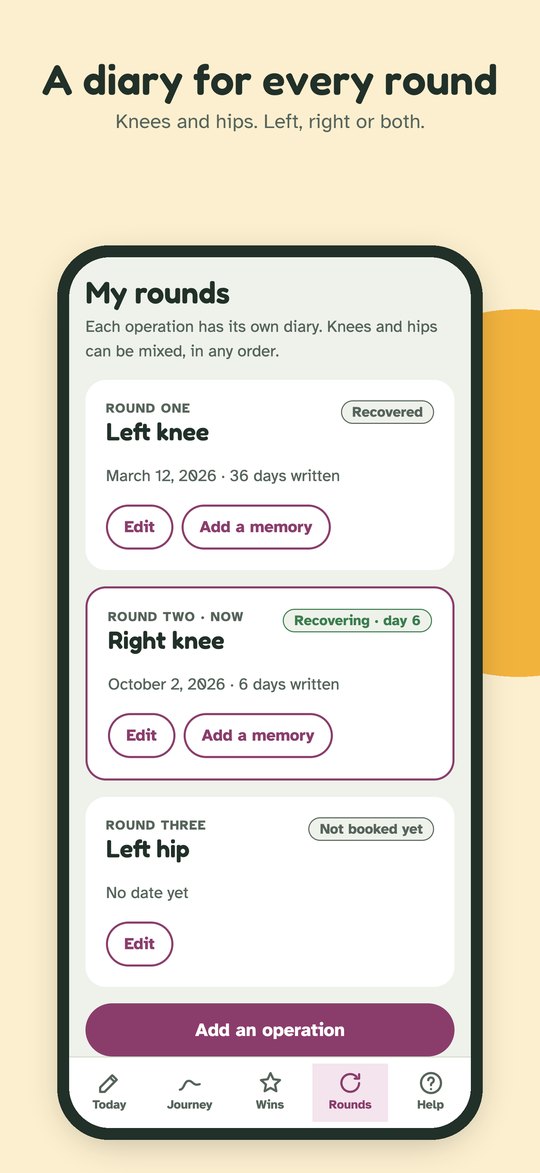A diary for every round: a left knee, a right knee and a left hip, each its own round.